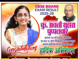 मूल येथील अवनी सुहास पप्पलवार हिचे सीबीएसई दहावी परीक्षेत दैदीप्यमान यश; ९७.६०% गुण मिळवून पटकावला प्रथम क्रमांक